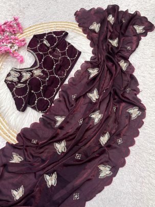 Designer Wine Fandy Satin Saree With Khatli Brits Work And Arco Border