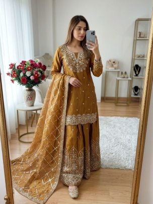 Designer Brown Fandy Silk Embroidered Sharara Set