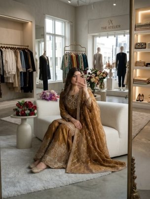 Designer Brown Fandy Silk Embroidered Sharara Set