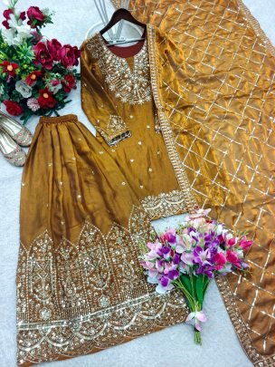 Designer Brown Fandy Silk Embroidered Sharara Set