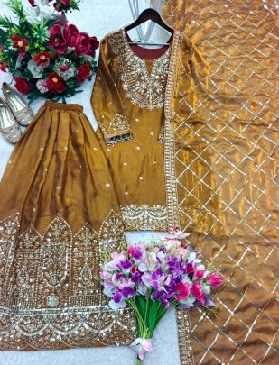 Designer Brown Fandy Silk Embroidered Sharara Set