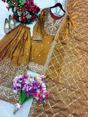 Designer Brown Fandy Silk Embroidered Sharara Set