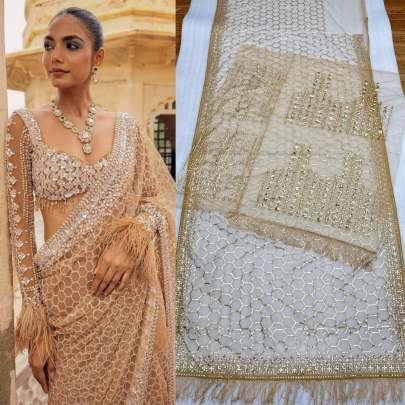 Designer Butterfly Net Saree With Heavy Sequins And Embroidery Thread Work