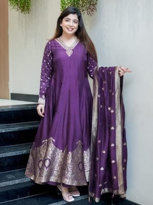Designer Chanderi Anarkali Embroidery Work Purple Kurti