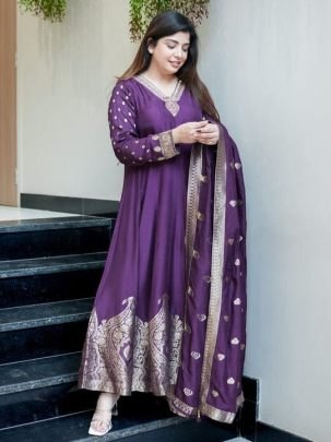 Designer Chanderi Anarkali Embroidery Work Purple Kurti