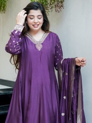 Designer Chanderi Anarkali Embroidery Work Purple Kurti
