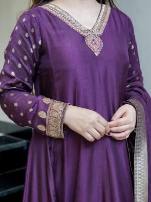 Designer Chanderi Anarkali Embroidery Work Purple Kurti