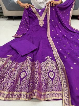 Designer Chanderi Anarkali Embroidery Work Purple Kurti
