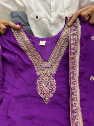 Designer Chanderi Anarkali Embroidery Work Purple Kurti