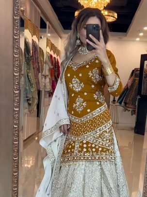 Designer Chinnon Silk Embroidered Lehenga With Sequence Zari Work