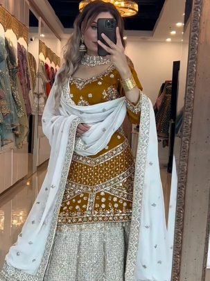 Designer Chinnon Silk Embroidered Lehenga With Sequence Zari Work