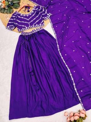 Designer Chinnon Silk Embroidered Purple Lehenga With Blouse Skirt And Dupptta