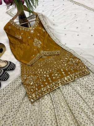 Designer Chinnon Silk Embroidered Lehenga With Sequence Zari Work