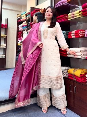 Designer Chinnon Silk Kurti With Sequence Work Pent And Pink Dupatta