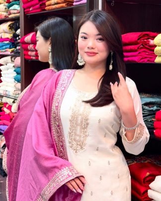 Designer Chinnon Silk Kurti With Sequence Work Pent And Pink Dupatta