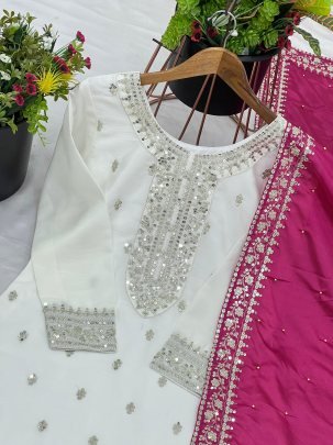 Designer Chinnon Silk Kurti With Sequence Work Pent And Pink Dupatta