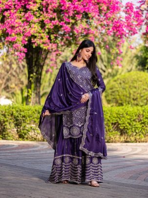 Designer Chinon Embroidered Kurti With Plazzo And Dupatta