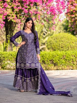 Designer Chinon Embroidered Kurti With Plazzo And Dupatta