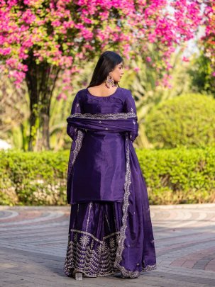 Designer Chinon Embroidered Kurti With Plazzo And Dupatta
