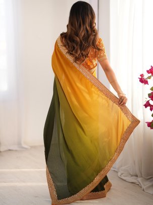 Designer Chinon Silk Green Saree With Mono Banglori Yellow Blouse