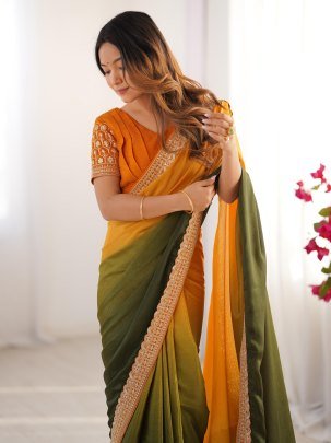 Designer Chinon Silk Green Saree With Mono Banglori Yellow Blouse