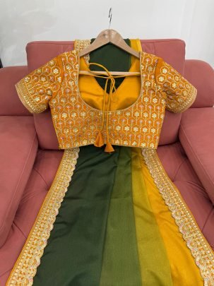 Designer Chinon Silk Green Saree With Mono Banglori Yellow Blouse