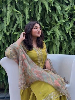 Designer Chinon Silk Lemon Green Sharara Suit With Zari And Sequin Embroidery Dupatta