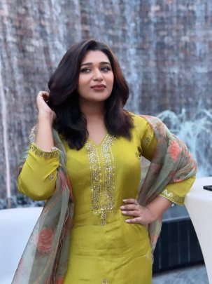 Designer Chinon Silk Lemon Green Sharara Suit With Zari And Sequin Embroidery Dupatta