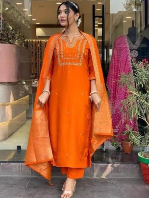 Designer Cotton Slub Embroidered Kurta Pant Jacquard Dupatta Set