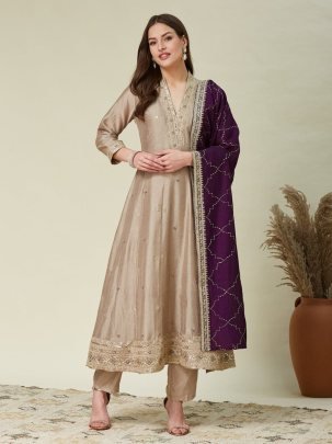 Designer Cream Vichhitra Silk Kurta Pant With Embroidery Work Purple Dupatta