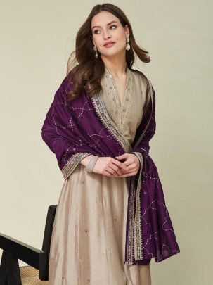 Designer Cream Vichhitra Silk Kurta Pant With Embroidery Work Purple Dupatta
