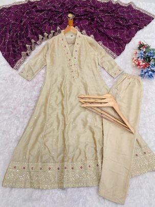 Designer Cream Vichhitra Silk Kurta Pant With Embroidery Work Purple Dupatta