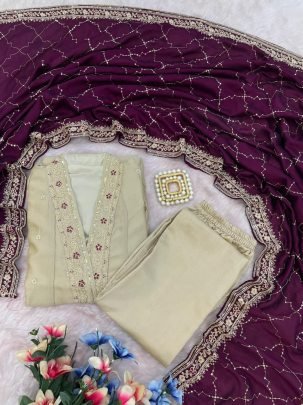 Designer Cream Vichhitra Silk Kurta Pant With Embroidery Work Purple Dupatta