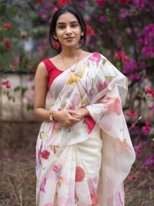 Designer Digital Printed Plain Linen Fabric Saree