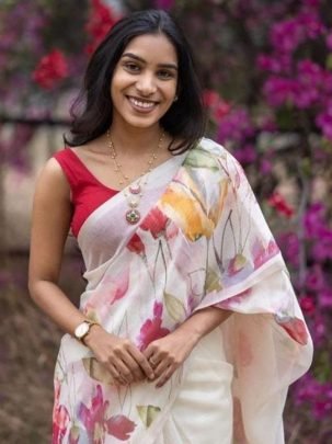 Designer Digital Printed Plain Linen Fabric Saree