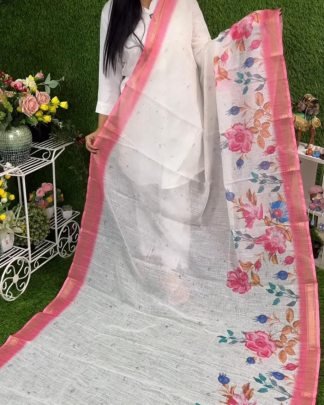 Designer Digital Printed Plain Linen Fabric Saree