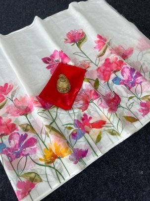 Designer Digital Printed Plain Linen Fabric Saree