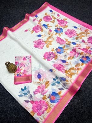 Designer Digital Printed Plain Linen Fabric Saree