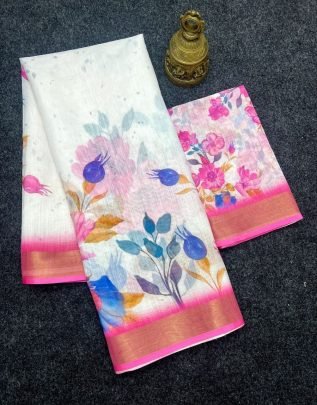 Designer Digital Printed Plain Linen Fabric Saree