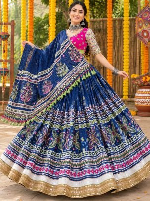 Designer Digital Printed Silk Lahenga With Mirror Work Choli