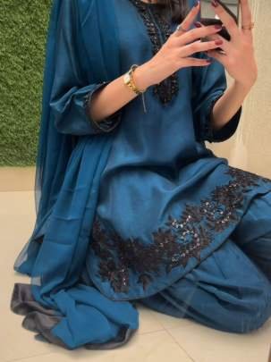 Designer Embroidered Sequence Work Suit With Pure Crepe Silk Plazzo And Dupatta