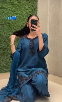 Designer Embroidered Sequence Work Suit With Pure Crepe Silk Plazzo And Dupatta