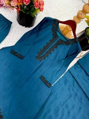 Designer Embroidered Sequence Work Suit With Pure Crepe Silk Plazzo And Dupatta