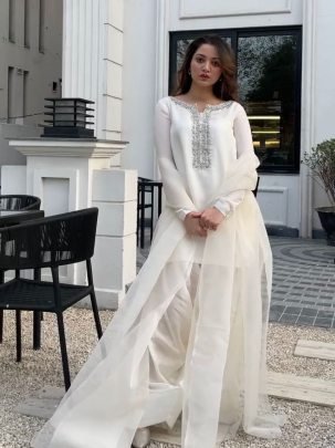 Designer Faux Georgette Embroidered Kurti With Farshi Pant And Dupatta