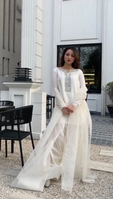 Designer Faux Georgette Embroidered Kurti With Farshi Pant And Dupatta