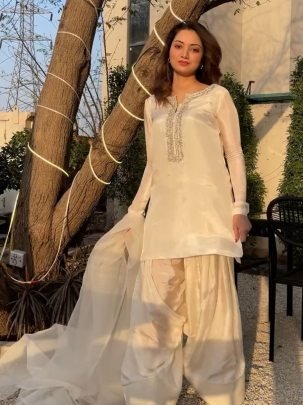 Designer Faux Georgette Embroidered Kurti With Farshi Pant And Dupatta