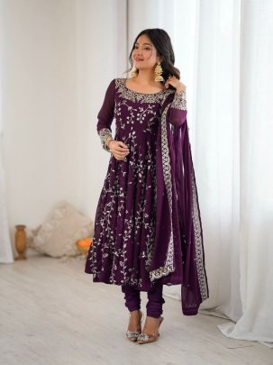 Designer Faux Georgette Gown With Embroidery Sequence Work Dupatta