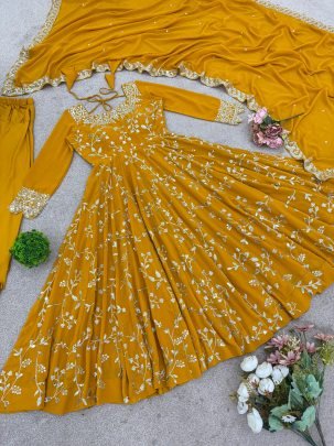 Designer Faux Georgette Gown With Heavy Sequence Embroidery Work Dupatta