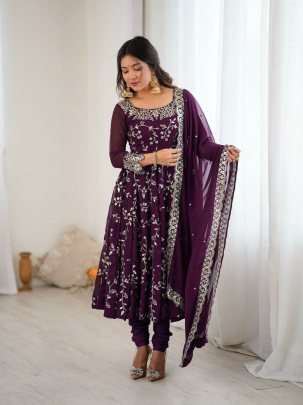 Designer Faux Georgette Gown With Embroidery Sequence Work Dupatta