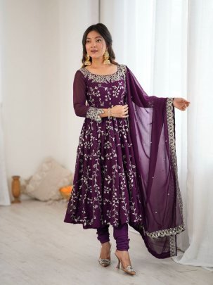 Designer Faux Georgette Gown With Embroidery Sequence Work Dupatta